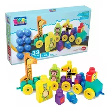 Brinquedo Bloco De Encaixe Trem Puxa Zoo 33 Pcs Dismat Mk362