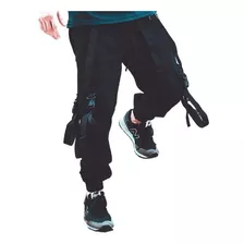 Calça Masculina Preta Jogger Suspensório Bolsos Nas Pernas