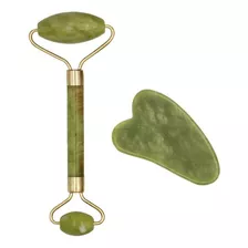 Rolo Pedra De Jade + Placa Gua Sha Massagem Facial Anti Ruga Cor Verde-claro