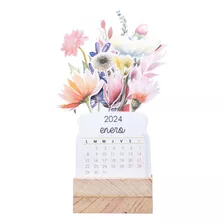 Calendario De Escritorio Floral Con Base Madera 24x13 Cm