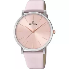 Reloj De Pulsera Festina Boyfriend F20371 De Cuerpo Color Gris, Analógico, Para Mujer, Fondo Rosa, Con Correa De Cuero Color Rosa, Agujas Color Oro Rosa, Dial Oro Rosa, Bisel Color Plateado