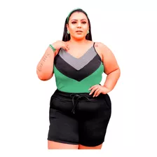 Conjunto Plus Size Shorts E Regata Crepe Verão Listra Grande