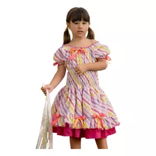 Vestido Infantil Junino Franzido Cintura Listras Rosa Lilás