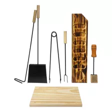 Kit Parrilla Pala Atizador Pinza Pinche Tabla Asado Set ×7