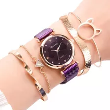 Relógio Pulseira Rosa Conjunto 5 Peças Dourado Gato G8264