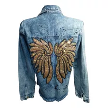 Jaqueta Jeans Feminina Alongada Asa De Anjo Dourada G