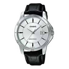 Reloj De Pulsera Casio Enticer Mtp-v004 De Cuerpo Color Plata, Analógico, Para Hombre, Fondo Blanco, Con Correa De Cuero Color Negro, Agujas Color Plata, Dial Negro, Minutero/segundero Negro, Bisel Co