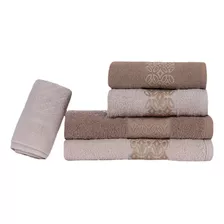 Conjunto P/banho 5 Pçs Estampa Bordada Macio Luxo Kit Casal Caqui / Fendi