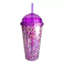 Vasos Glitter Con Tapa Redonda Y Popote Decorados Colores 