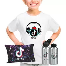 Kit Camiseta + Almofada 20x30 + Squeeze / Tiktok Infantil