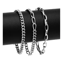 Combo 3 Pulseiras Aço Inox Prata Kit-72 Masculino