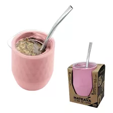 Mate Térmico Con Tapa Antivuelco Y Bombilla Mate Ava Rosa