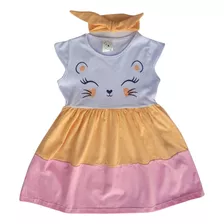 Vestido Bebe Gatinha Estampado C/faixa Tam G Laranja/rosa