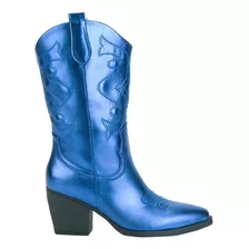 Bota Vaquera Pu Metálico Tierra Bendita Azul Tacón 7cm 