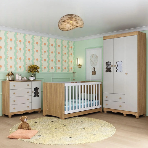 Quarto De Bebê Completo Com Berço Americano 3 Em 1 Ternura Multimóveis Mp4655 Madeirado/off White