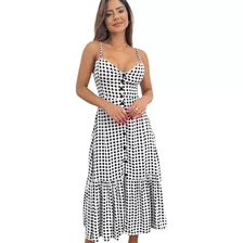 Vestido Longo Feminino Botão Na Frente Babado E Alça