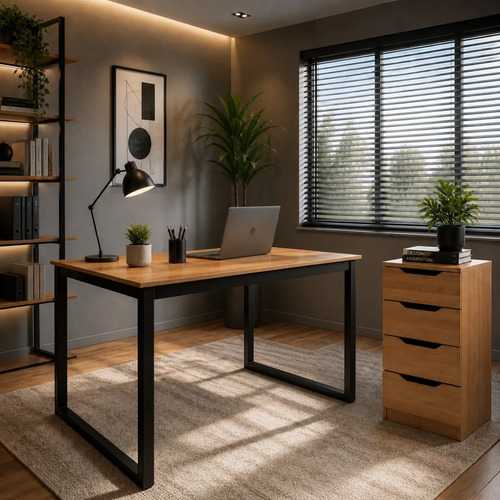 Conjunto Mesa Escrivaninha Industrial + Gaveteiro 4 Gavetas Mel/mel