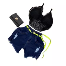 Kit Short Jeans + Top Brinde E Cinto Neon Plus Size