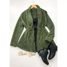 Casaco Teddy Feminino Longo Inverno Forrado C Capuz E Bolso