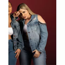 Jaqueta Jeans Plus Size Ombro Vazado Com Aplicação