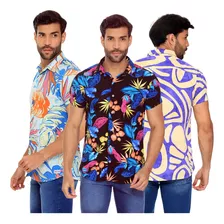 Kit 3 Camisas Masculinas Viscose Estampa Floral Moda Casual