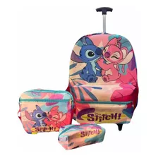 Mochila Infantil Menina Stitch Rodinhas Lancheira Estojo