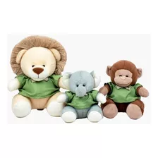 Kit 3 Pcs Trio Safari Pelúcia Misto Elefante, Macaco E Leão 