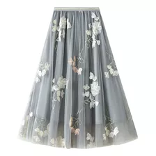 Large Swing Double Gauze Embroidered Midi Skirt