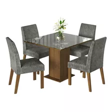 Juego Comedor Mesa Tablero Vidrio 4 Sillas Anne Madesa Mgs Color Rústico/gris/plateado