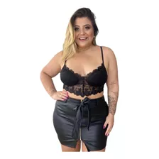 Saia Parece Couro Cirrê + Cropped Renda Plus Size