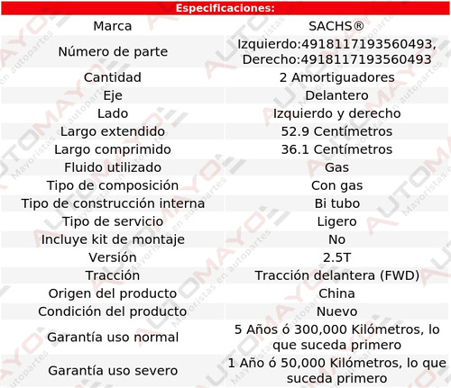 2) Amortiguadores Gas Delanteros Sachs S80 L5 2.5l 2005-2006 Foto 2