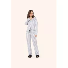 Pijama Manga Longa Aberto Com Calça Soft Listrado