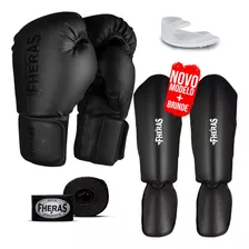 Kit Muay Thai Luva All Black Bandagem Bucal Gladiador 12oz