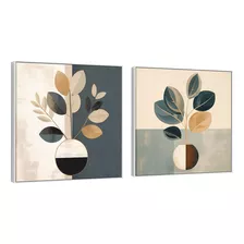 Conjunto Quadros Abstrato Planta Vaso Boho Em Canvas 80x80 Cor Da Armação Branco