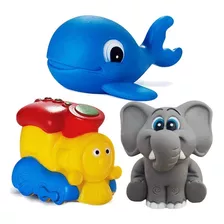 Kit Com 3 Brinquedos Vinil Para Bebê Baleia Elefante E Trem
