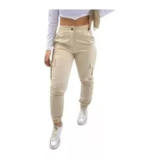 Calça Jogger Cargo Bege Sarja Skatista Feminina Bolsos Calça