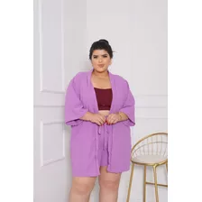 Conjunto Short E Kimono De Malha Vicolycra Estampa Plus Size