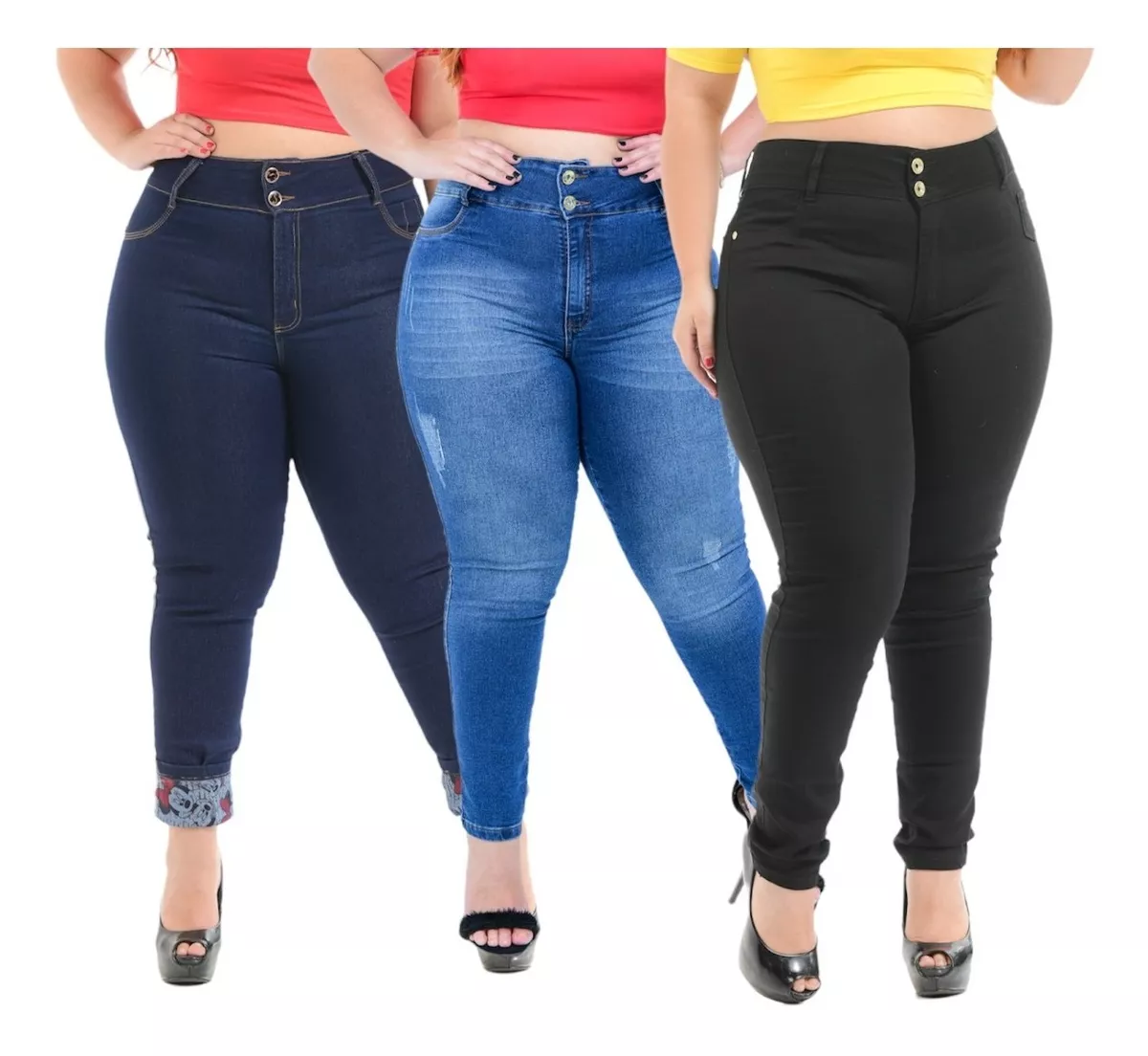 Kit 3 Calcas Feminino Skinny Jeans Hot Pants Plus Size Lycra