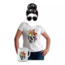 Camiseta Mujer Estampada Calavera Flores Mug Gratis