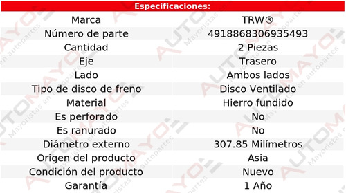 2 Discos Traseros Trw Fx35 V6 3.5l P/ Infiniti 2012 Foto 2