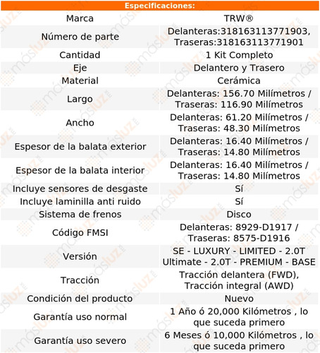 Jgo Balatas Cermicas Del + Tras Santa Fe Sport 17/18 Trw Foto 2