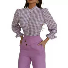  Blusa Camisa Feminina Alfaiataria Xadrez Executiva