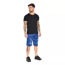 Bermuda Short Jeans Azul Claro Masculina Rasgada Lycra