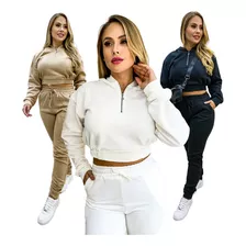 Conjunto Moletom Calça Jogger Blusa Cropped Com Ziper Frio