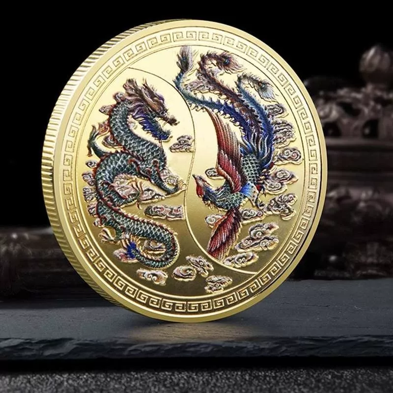 Moeda Fênix Dragão Chinês Comemorativa Dourada Case Acrílico