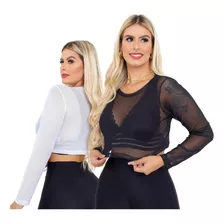 Blusinha Cropped Curta Manga Longa Tula Transparente Básica