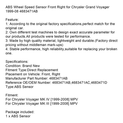 Sensor De Abs Delantero Derecho Para Chrysler Grand Voyager Foto 7
