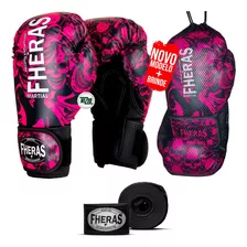 Kit Luva Boxe Muay Thai Caveira Rosa Bandagem Elástica 14oz