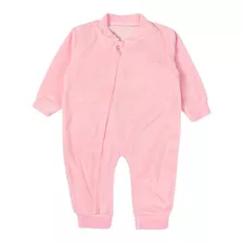 Macacão Longo Para Bebê Em Plush Rosa Com Zíper