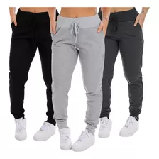 Kit 3 Calça Moletom Slim Jogger Com Bolso Feminino Adulto